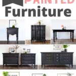 Collage of chalk painted furniture pieces, mainly dark blue, with decorative signs and plants on top.