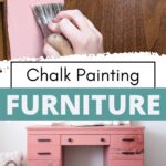 A hand painting a wooden surface pink above a photo of a pink chalk-painted desk with drawers.