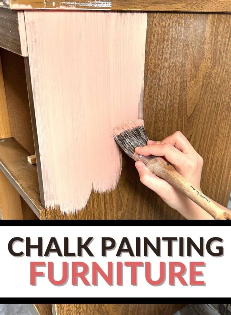 brushing chalk paint onto the furniture with text at the bottom of the photo