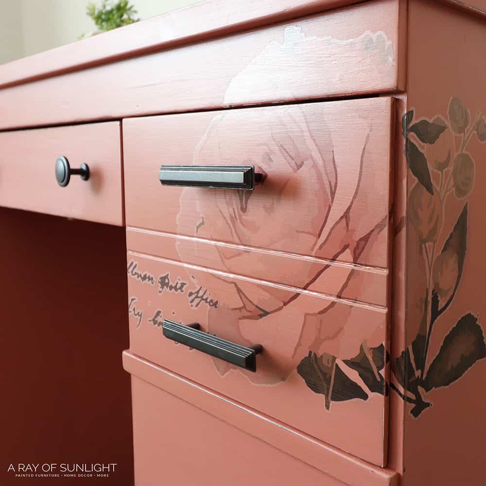close up on chalk painted furniture with rose furniture transfer