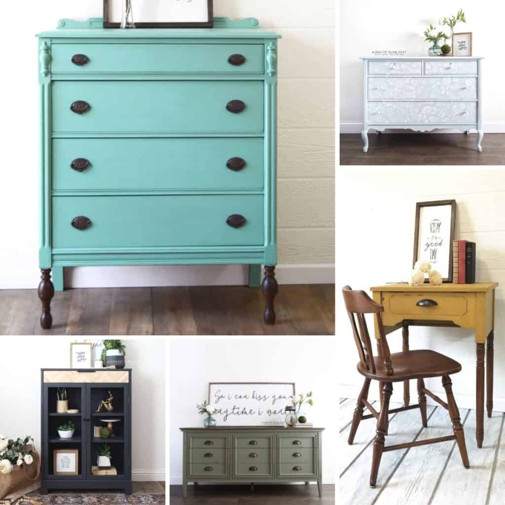 a collage of painted furniture makeovers