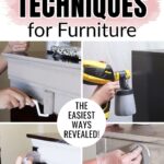 Collage showing four painting techniques for furniture: roller, spray, brush, and hand application.