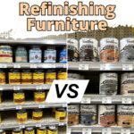 Shelves stocked with various brands of wood stain cans, labeled as best for refinishing furniture.
