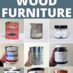 Nine cans of different paint brands for wood furniture displayed in a grid with bold text above.