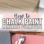 Split image: top shows wood laminate table, bottom shows hand painting it pink with chalk paint.