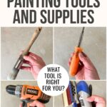 Four hands holding a paintbrush, screwdriver, drill, and sander under the text “Furniture Painting Tools and Supplies.”.