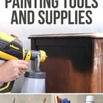 A person uses a paint sprayer on a wooden dresser; painting tools and supplies are shown below.
