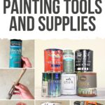 Various furniture painting tools and supplies, including paint, brushes, filler, polycrylic, and a drill.