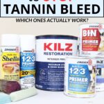 Various cans of primer products displayed with text promoting primers to stop tannin bleed on wood surfaces.