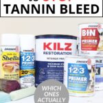 Various cans of primer products arranged on a table, with text about stopping tannin bleed.