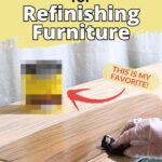 Gloved hand staining wood; blurred stain can and text, Best wood stains for refinishing furniture. This is my favorite!.