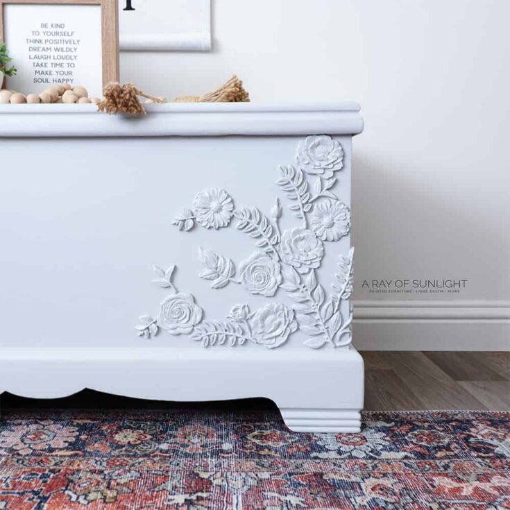 grey painted cedar chest with resin flowers