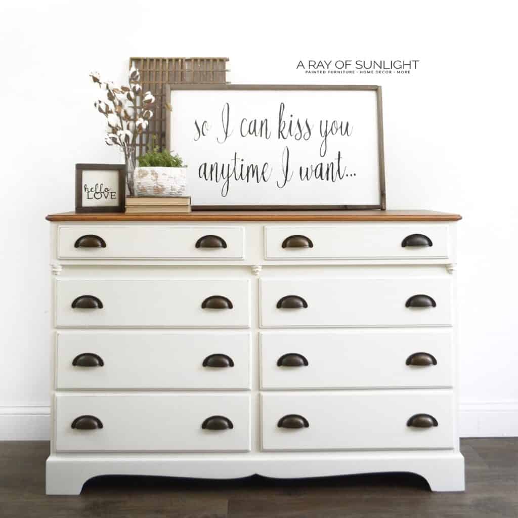 white chalk painted dresser with stained wood top