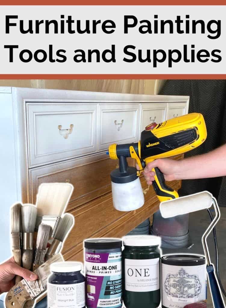 spraying furniture with paint and different painting tools and supplies