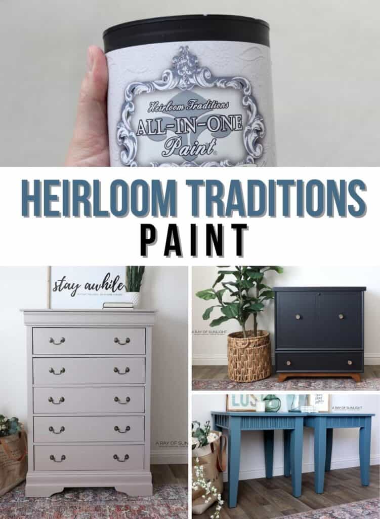 a can of heirloom traditions paint and furniture painted with heirloom traditions paint
