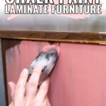Hand painting a piece of laminate furniture with pink chalk paint; tutorial text is overlaid at the top.