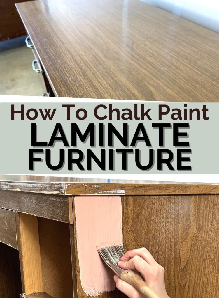 top view of a laminate desk and brushing chalk paint on a laminate furniture with text
