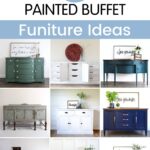 Collage of painted buffet furniture in various colors and styles, with signs and decorative items on top.