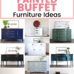 Collage of various painted buffets in blue, white, green, and gray, with decorative signs on top.