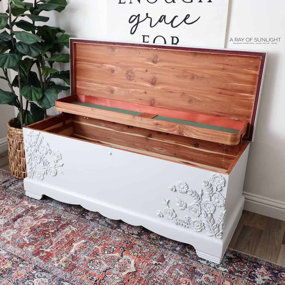 opened painted cedar chest after makeover