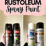 Two hands hold Krylon spray paints on the left and Rustoleum spray paints on the right, with comparison labels.