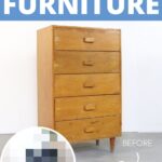 A plain wooden dresser with four drawers and a before and after stenciling furniture label.
