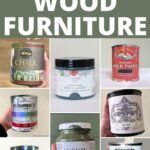 A collage of eight different wood furniture paint cans and jars, labeled as the best paints for wood furniture.
