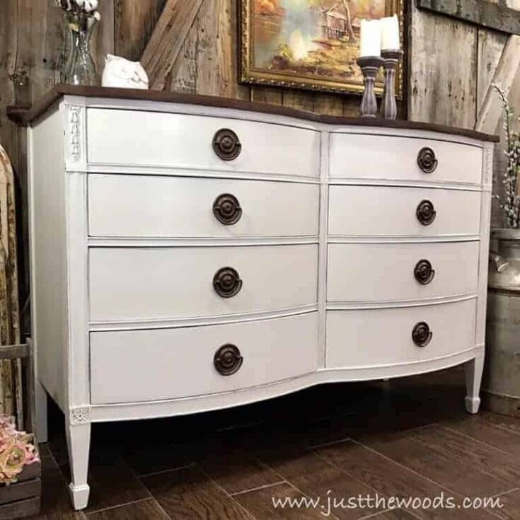 white painted dresser with stained wood top