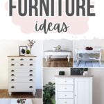 Collage of white-painted furniture including dressers, tables, and decorative plants with modern decor.