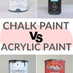 Four paint containers labeled as chalk paint and acrylic paint with CHALK PAINT vs ACRYLIC PAINT in the center.