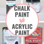 Four types of black paint jars labeled as chalk, acrylic, milk, and couture paint, with Chalk Paint vs Acrylic Paint text.