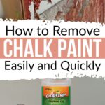 Chalk paint being stripped from wood; supplies include Citristrip, a sander, and a scraper on a table.