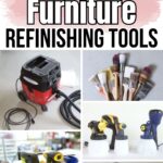 Collage of furniture refinishing tools: brushes, sanders, sprayers, a vacuum, and a paint scraper.
