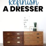 A dresser shown before and after refinishing and making it lighter.