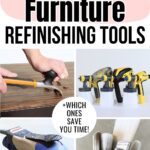 Collage of furniture refinishing tools: scraper, paint sprayers, sander, and paintbrushes with bold text above.