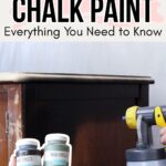 A person uses a paint sprayer on dark wood furniture; Waverly chalk paint jars are shown in the foreground.