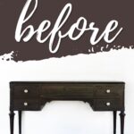 A dark wooden vintage desk with drawers, labeled before on a painted background.