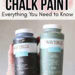 A hand holding two bottles of Waverly chalk paint in black (Ink) and green (Moss) with text above.
