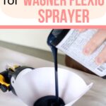 Person pouring dark paint through a funnel into a container next to a Wagner Flexio sprayer.