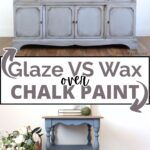 A comparison of glazed and waxed chalk painted furniture, featuring two blue-painted pieces with decor.