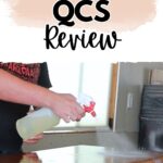 Person spraying cleaner on a wooden table with text above reading STRIPWELL QCS Review.