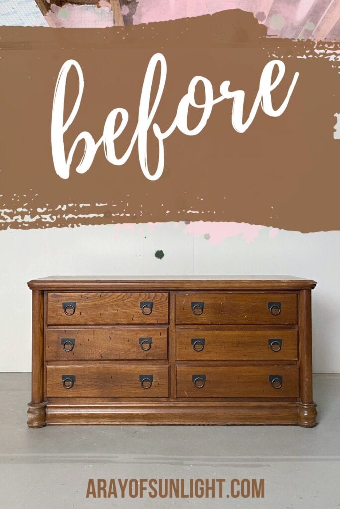 Six drawer wood dresser before being painted black