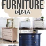 Collage of stenciled furniture pieces with bold text Stenciled Furniture Ideas at the top.