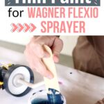 A person stirs paint in a jar beside a Wagner Flexio sprayer with text on how to thin paint for spraying.