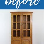 A wooden cabinet with glass doors labeled “before” on a blue background.