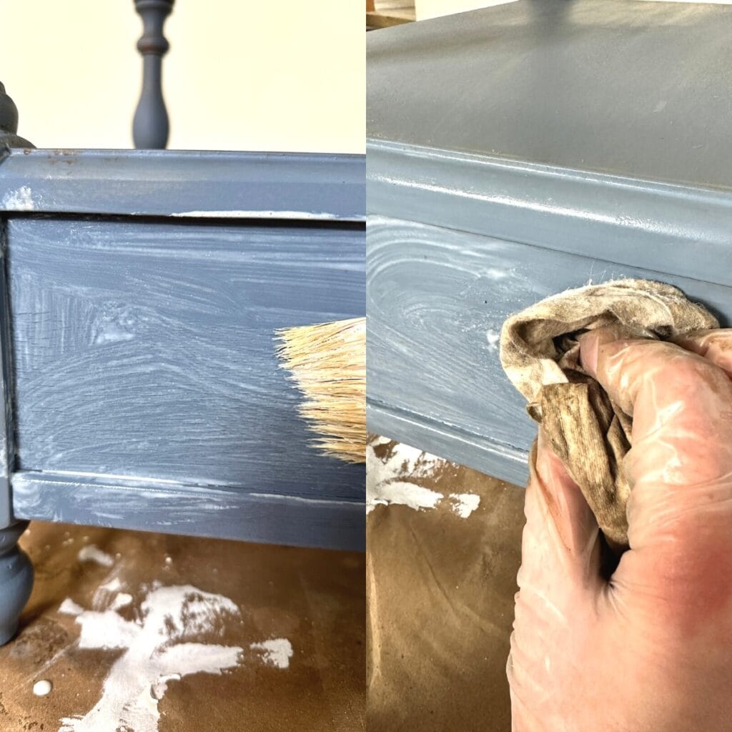 brushing clear wax onto furniture and wiping excess wax off