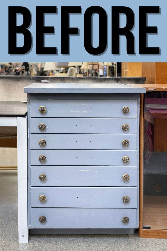 Homemade flat file cabinet with an old beat up grey paint job before makeover