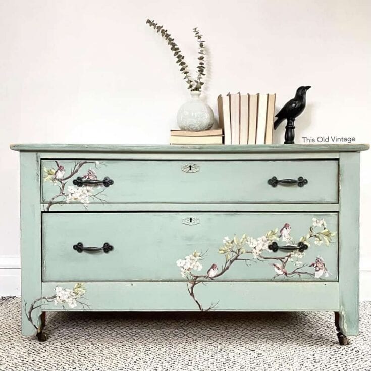 blue painted dresser with birds