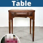 Vintage wooden sewing machine table; Painted Sewing Machine Table text above, before and after inset at bottom.