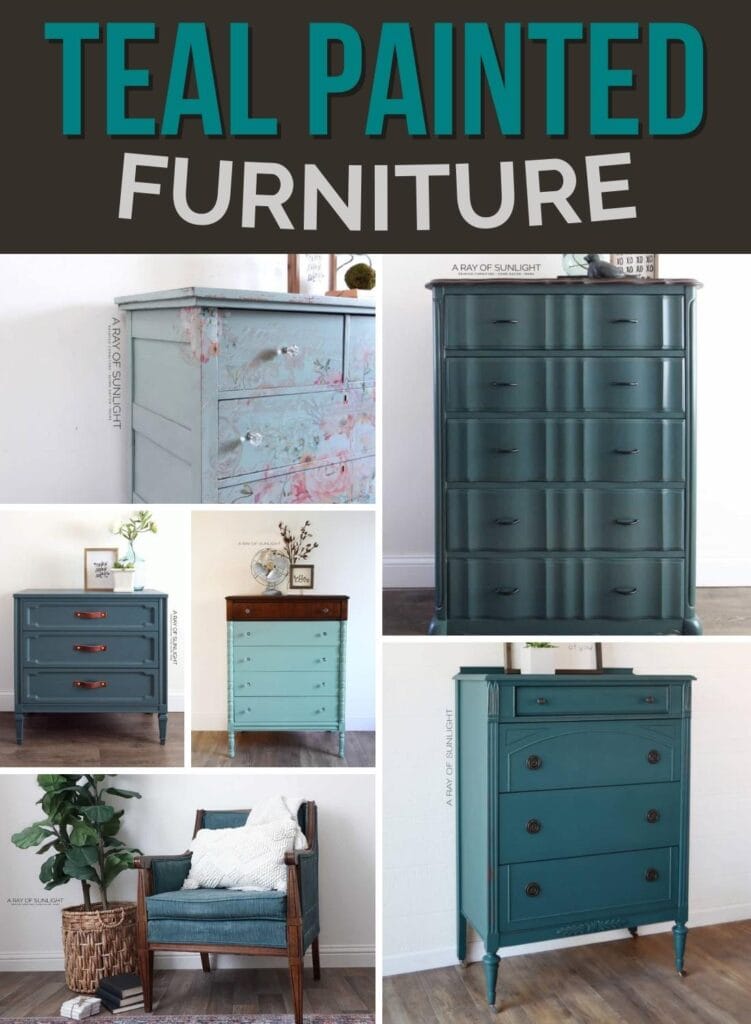 collage of teal painted furniture